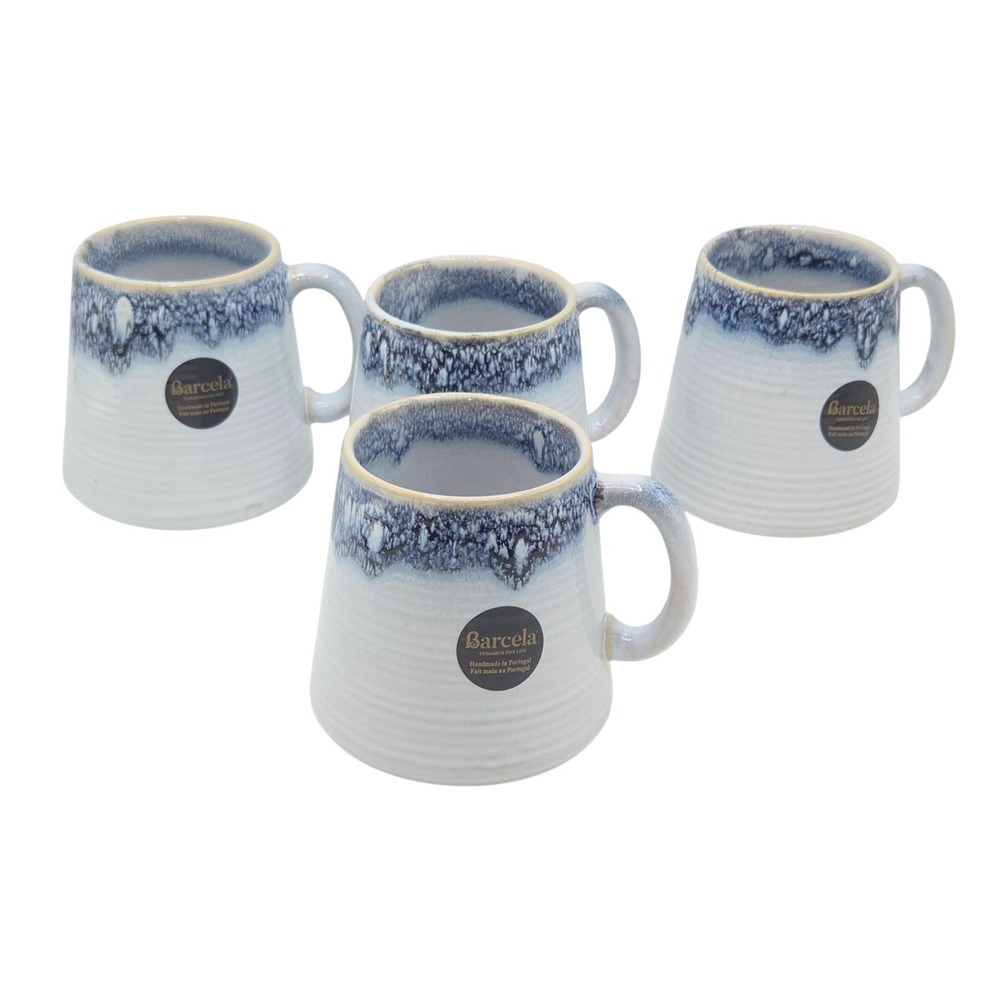 Barcela Stoneware Coffee Mug Set of 4 Blue Reactive Drip Glaze Made In Portugal